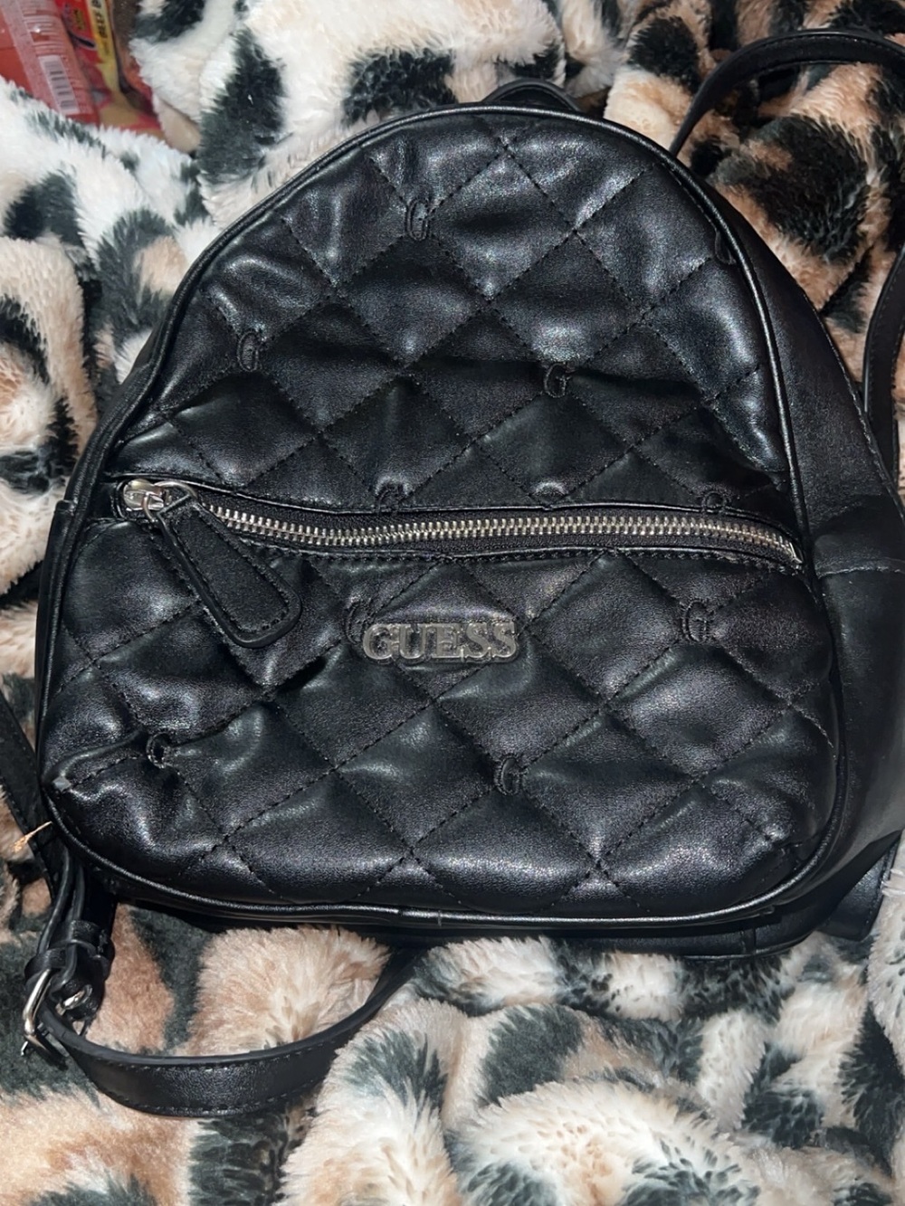 GUESS Quilted Mini Backpack in Black with Silver Hardware